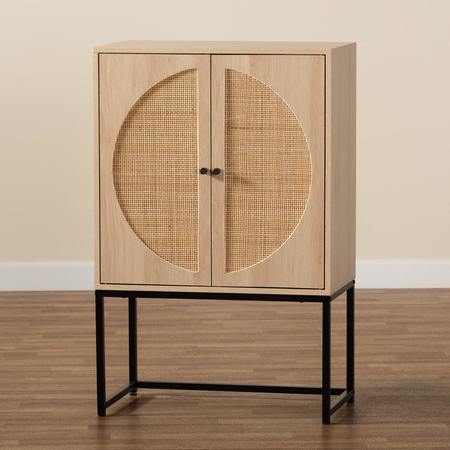 Baxton Studio Ardon Bohemian Light Brown Finished Wood and Black Metal 2-Door Storage Cabinet with Natural Rattan 196-12077-ZORO